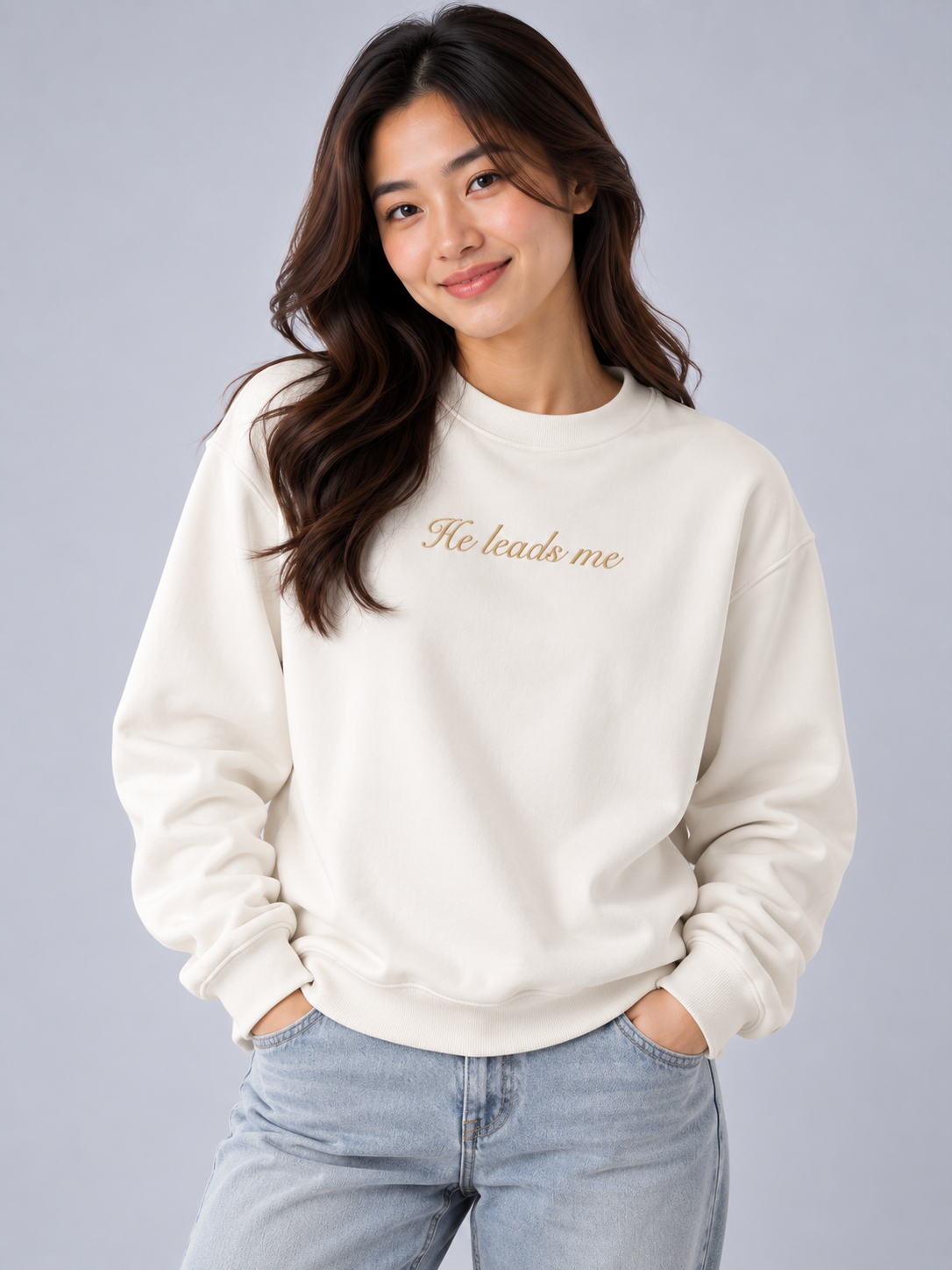 PS23 Embroidery He leads me Essential Heavyweight Crewneck Sweatshirt