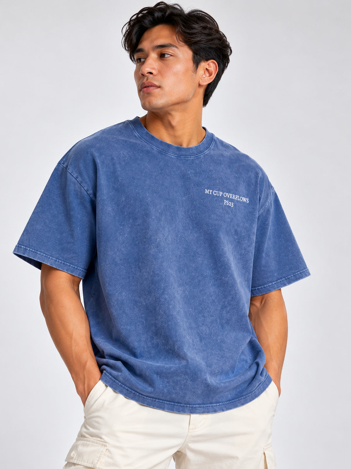 PS23 Embroidery My cup overflows Snow Washed Oversized T-Shirt