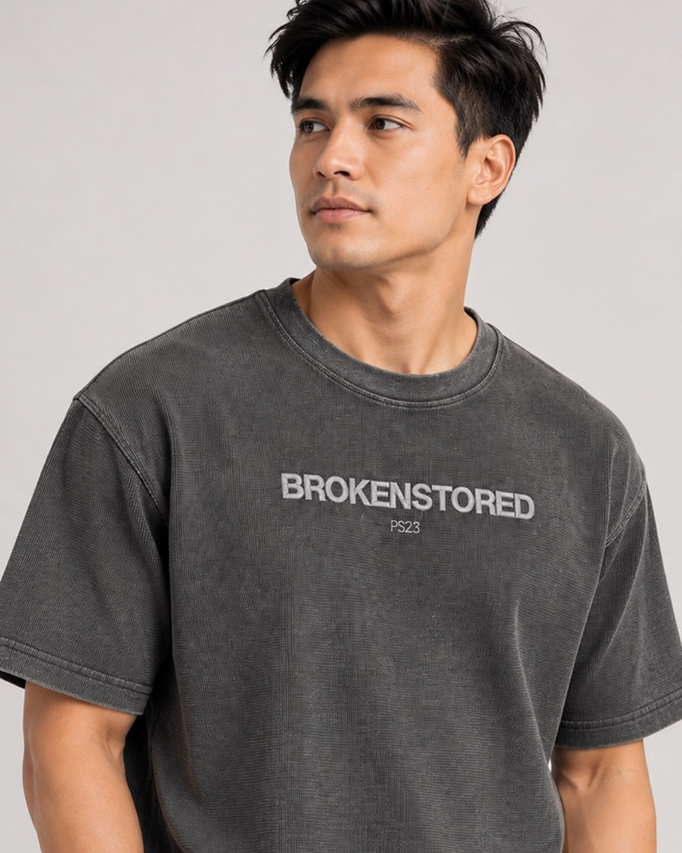 PS23 Embroidery Brokenstored Mineral Wash Waffle Knit T-Shirt