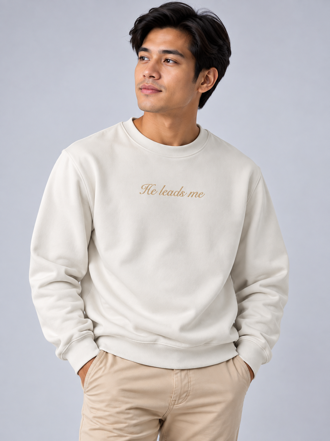PS23 Embroidery He leads me Essential Heavyweight Crewneck Sweatshirt