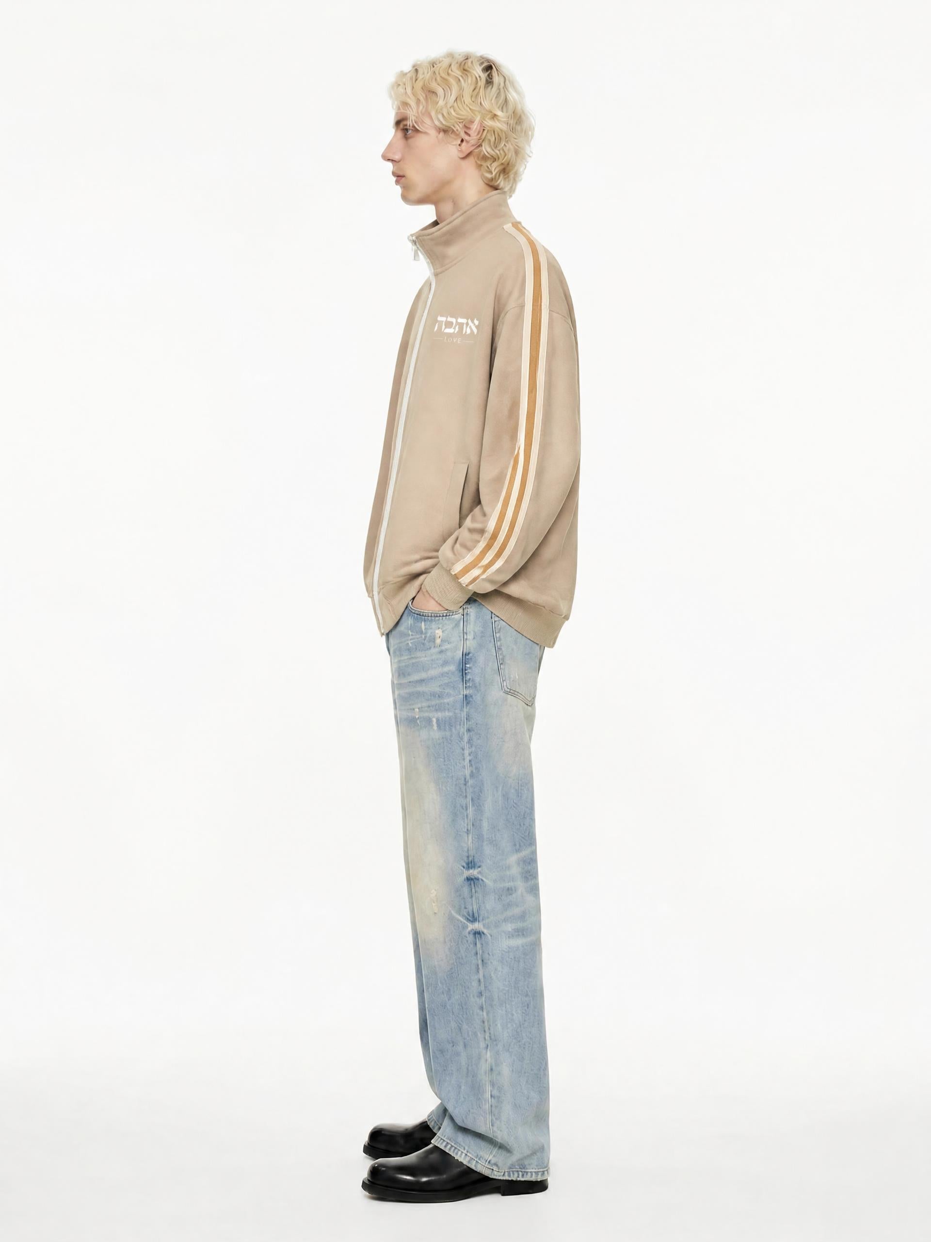 PS23 Hebrew Love Contrast Side-Stripe Stand Collar  Jacket