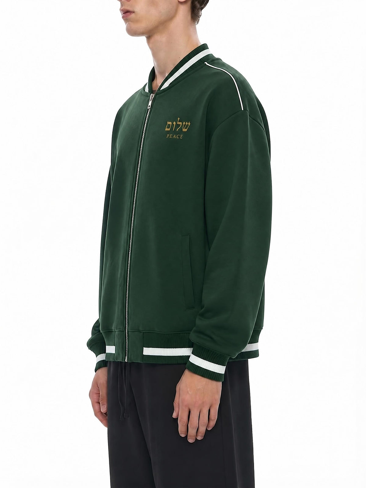 PS23 Hebrew Peace Contrast Piping Zip Bomber Jacket