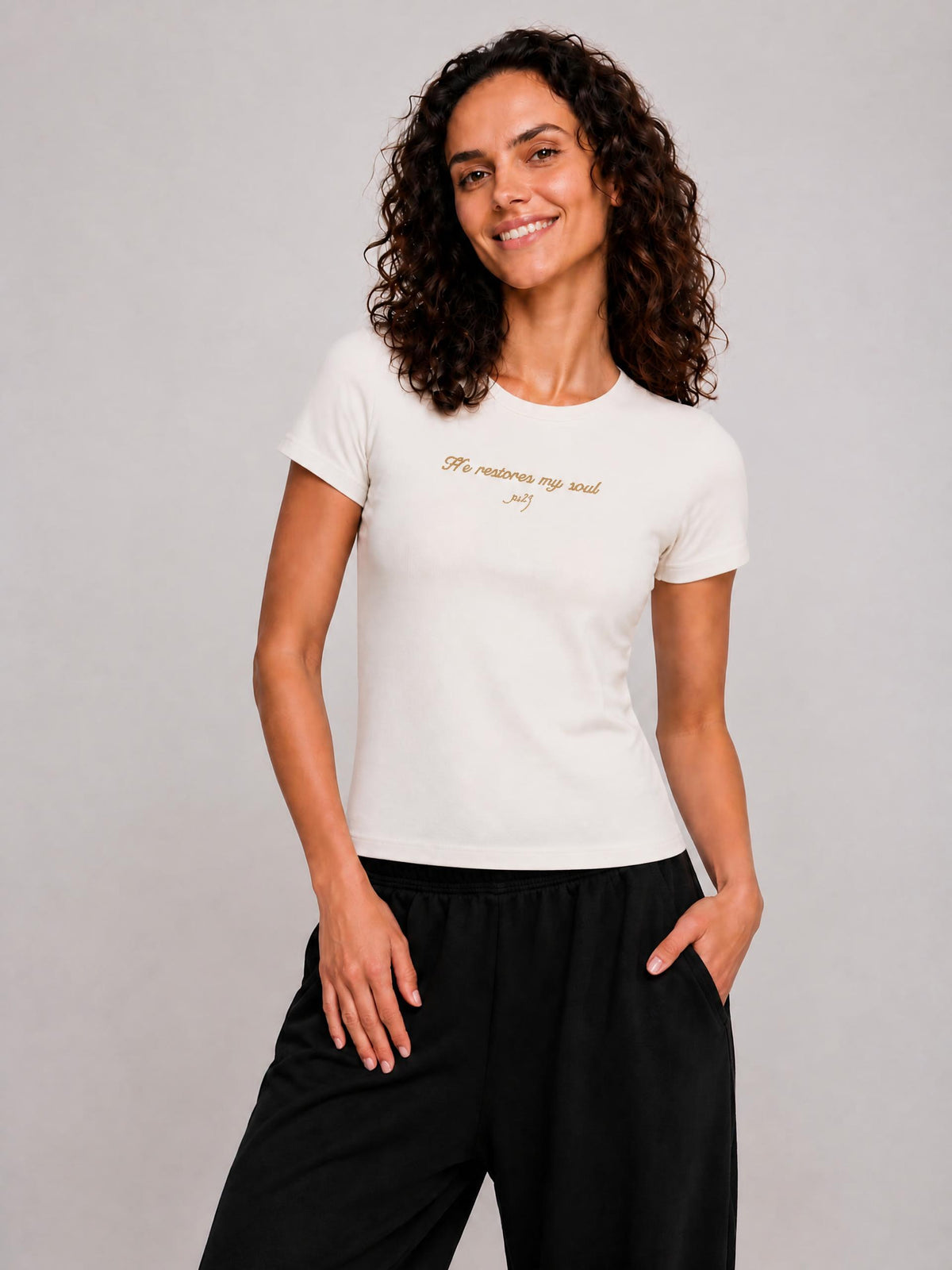 PS23 Embroidery He restores my soul Women’s Standard Shoulder T-Shirt